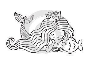 Mermaid lying on the seabed, with cute little fish.