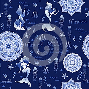 Mermaid and Mandala with undersea life illustration doodle seamless pattern  with Porcelain blue color concept