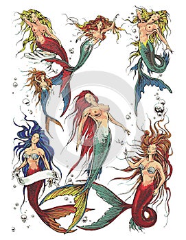 Mermaid newskool tattoo set. Set of labels and elements. Vector set illustration template tattoo