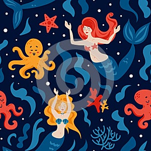 Mermaid and octopuses, corals and algae. Ocean, fairy-tale creatures, seabed. Cartoon child character in flat style