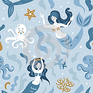 Mermaid and octopuses, corals and algae. Ocean, fairy-tale creatures, seabed. Cartoon child character in flat style