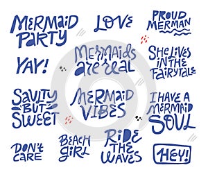 Mermaid party hand drawn blue lettering set