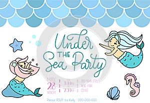 Mermaid party invitation for little girl mermaid. Greeting card