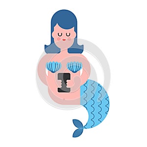 Mermaid with phone isolated. Mythical sad woman with fish tail.
