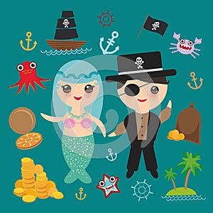 Mermaid with pirate card banner design copy space, pirate boat with sail, gold coins crab octopus starfish island with palm trees