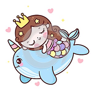 Mermaid princess cartoon hug narwhal kawaii animal