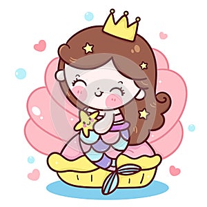 Mermaid princess cartoon hug star fish kawaii animal with shell