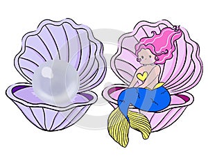 Mermaid Princess and pearl jewely seashell shellfish isolated elements
