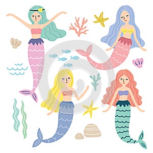 Mermaid Princess and Under the Sea Vector Illustration Set