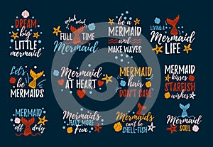 Mermaid quotes with doodles set