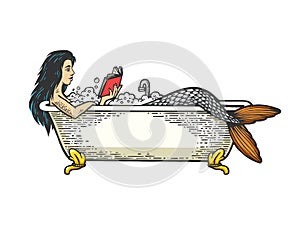 Mermaid reading book bath color sketch engraving