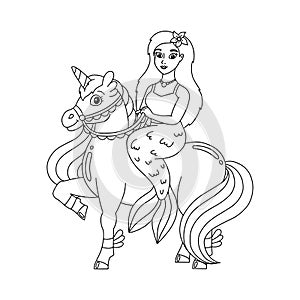 A mermaid rides a unicorn. Coloring book page for kids. Cartoon style character. Vector illustration isolated on white background