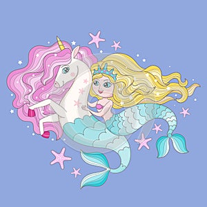 Mermaid riding a seahorse unicorn. Vector illustration