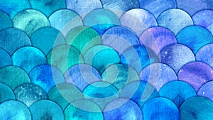 Mermaid Scales Watercolor Fish squame background. Bright summer blue sea pattern with reptilian scales abstract