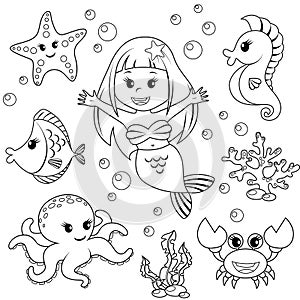 Mermaid and sea animals. Fish, starfish, octopus, seahorse