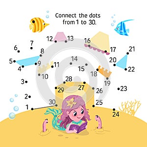 Mermaid and Sea Castle. Point to point. Connect dots from 1 to 30. Game for children. Vector illustration.