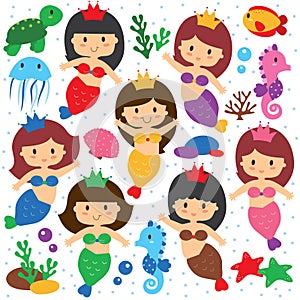 Mermaid and sea creatures clip art set