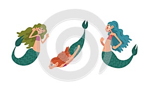 Mermaid or Seamaid with Lush Hair Floating Underwater Vector Set