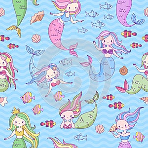 Mermaid seamless pattern. Cute little mermaids and underwater world design for wallpaper, fabric print, children book