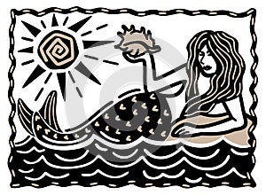 Mermaid with seashell on the rock in the sea under the sun. Brazilian cordel style. Woodcut illustration photo