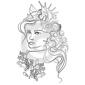 Mermaid with seashells and corals in long hair abstract portrait in linear style vector illustration. Line art