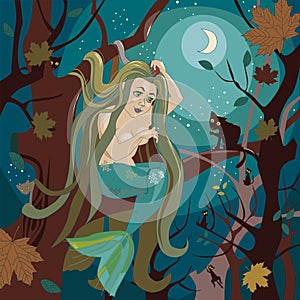 Mermaid sits on a tree branch photo