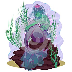 mermaid sitting on a rock with seaweed around