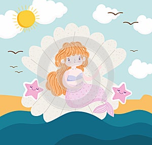 Mermaid sitting on seashell starfish beach ocean cartoon