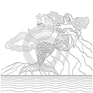Mermaid in the sky line art design.