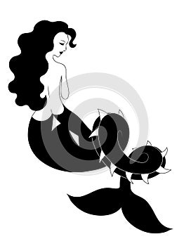 Mermaid with spiky snake tail. Vector outline drawing image.