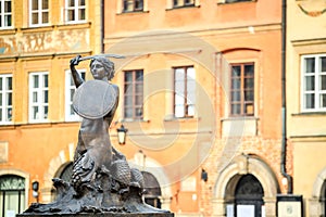 Mermaid statue in the city center of Warsaw, Poland