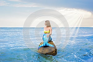 A mermaid on a stone in the middle of the sea