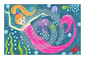 Mermaid surfer riding waves mermaid fantasy ocean watercolor art