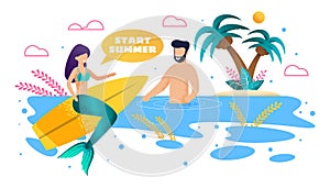 Mermaid Surfing and Man Swim in Sea Flat Cartoon