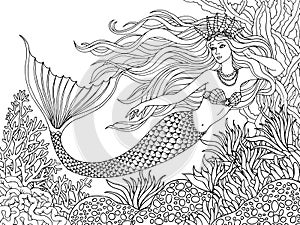 Mermaid swiming undersea, hand drawn linen vector illustration on a white background