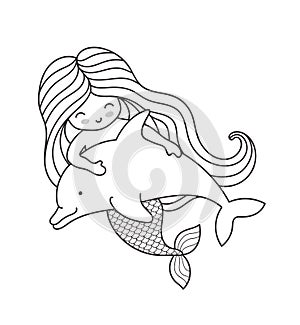 Mermaid, swimming with cute dolphin.