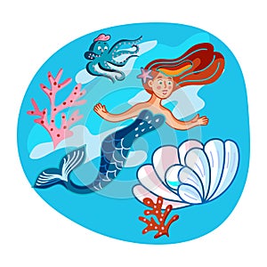 Mermaid swimming with fish flat illustration