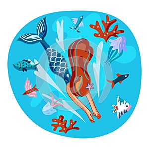 Mermaid swimming with fish flat illustration