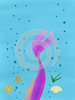 Mermaid swimming tail in deep ocean
