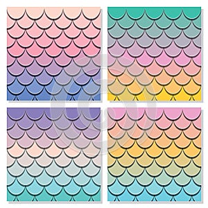 Mermaid tail pattern set. Paper cut out 3d fish skin background. Pastel spectrum colors.