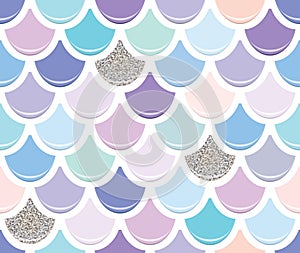 Mermaid tail seamless pattern with silver glitter elements. Colorful fish skin background. Trendy pastel pink and purple