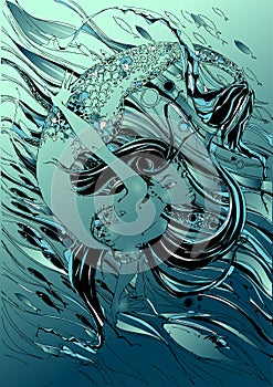 Mermaid. The tale is a myth. Underwater world. Fishes. Graphics. Vector.