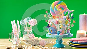 Mermaid theme candyland cake with glitter tails, shells and sea creatures.