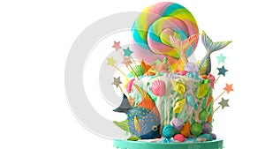 Mermaid theme candyland cake with glitter tails, shells and sea creatures.