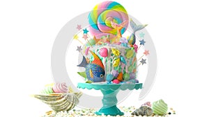 Mermaid theme candyland cake with glitter tails, shells and sea creatures. photo