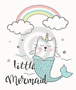 Mermaid unicorn cat vector illustration with little mermaid lettering