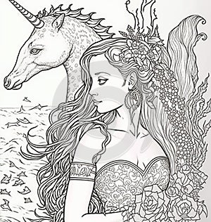 mermaid with unicorn horn,Adult coloring book pages,mermaid water,long hair siren