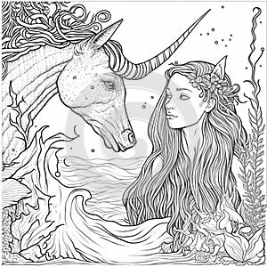 mermaid with unicorn horn,Adult coloring book pages,mermaid water,long hair siren