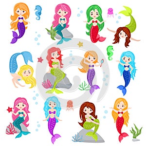 Mermaid vector cartoon seamaid character girl with beautiful tale and colorfil hair underwater seabed illustartion set