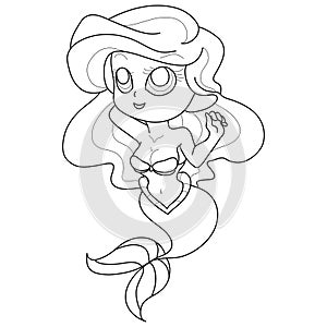 Mermaid vector picture illustration. Coloring page line art of an adorable young fairy tale mythical characters